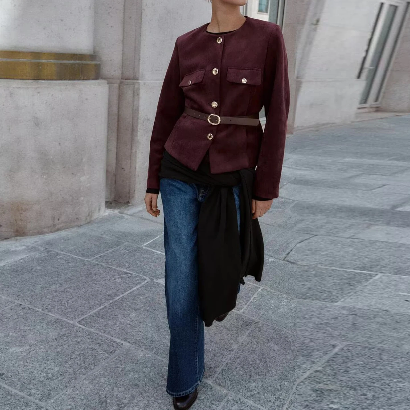 Faionable Costume Texture Velours Jaet avec Ceinture pour Femme Z Or Vêtements d'extérieur Européens Sle Long Sve rond Ne Butto...