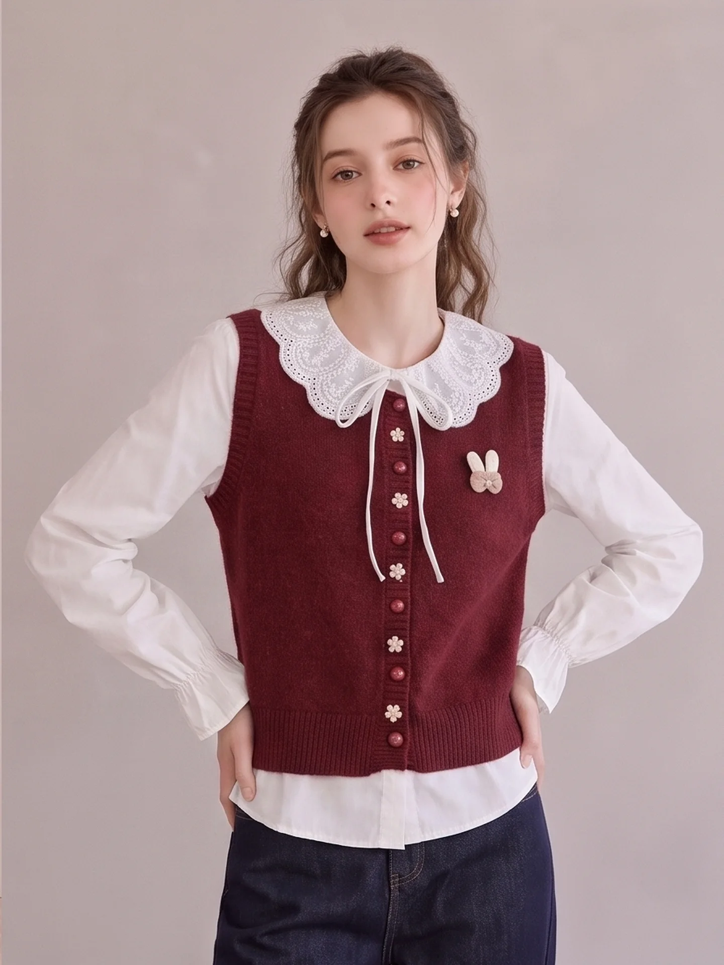Sweet Elegant  Knot Doll Collar Long Sleeve Knitted Vest Two Piece Set Top for Women Commute Style Korean Fit Bubble...