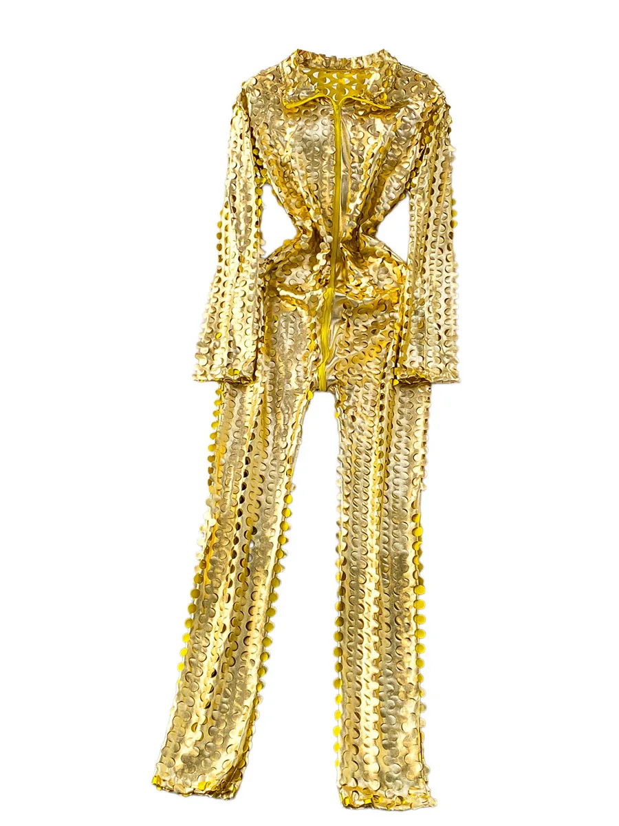 Sexy Gold Sequin Jumpsuit High Waist Straight Leg Pants Slimming Commute Style Women's Fashionable Zipper One-Piece Suit