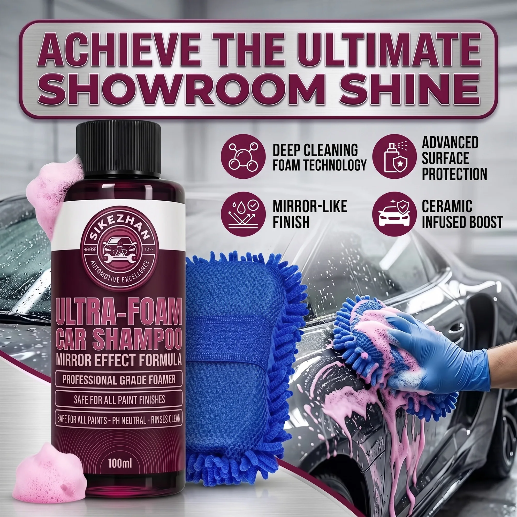 100ml Concentrated Car Wash Liquid with Wash Mitt，High Foam Auto Shampoo Exterior Cleaner for Car Motorcycle Deep Cleaning