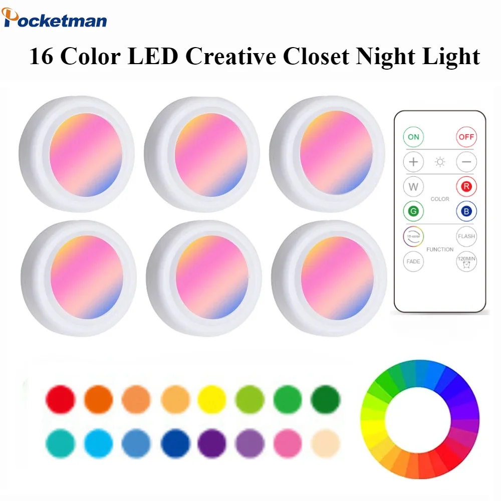 

LED Cabinet Light RGB 16 Colors Lamp Remote Control Battery Powered Dimmable Kitchen Closet Wardrobe Bedroom Night Light