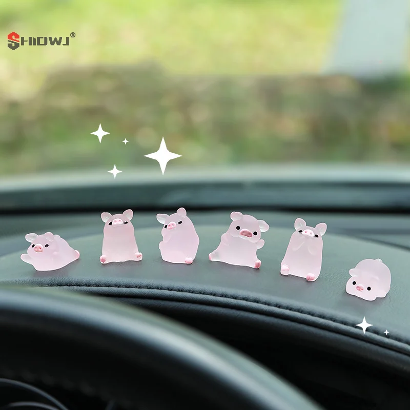 6pcs/Set Car Center Console Resin Noctilucent Pig Doll Ornament Car Rearview Mirror Decoration Bicycle Auto Interior Accessories