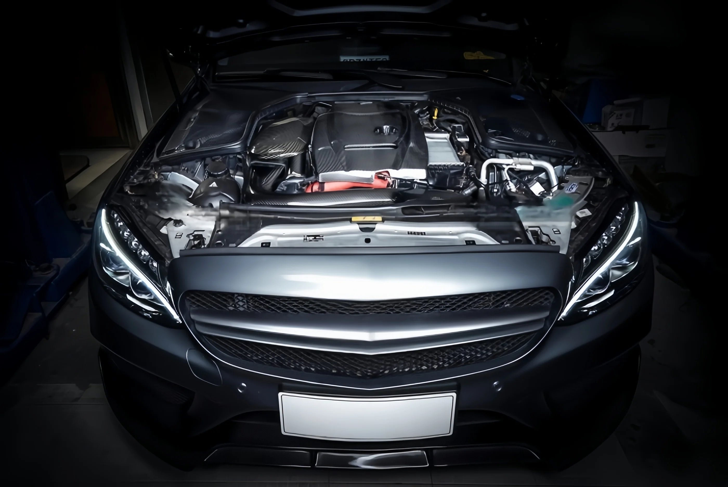 Sistema de admissão de ar frio de fibra de carbono seca real de desempenho 14-18 para Mercedes Benz W205 C180/C200/C260/C300 Tubo de admissão de ar do motor