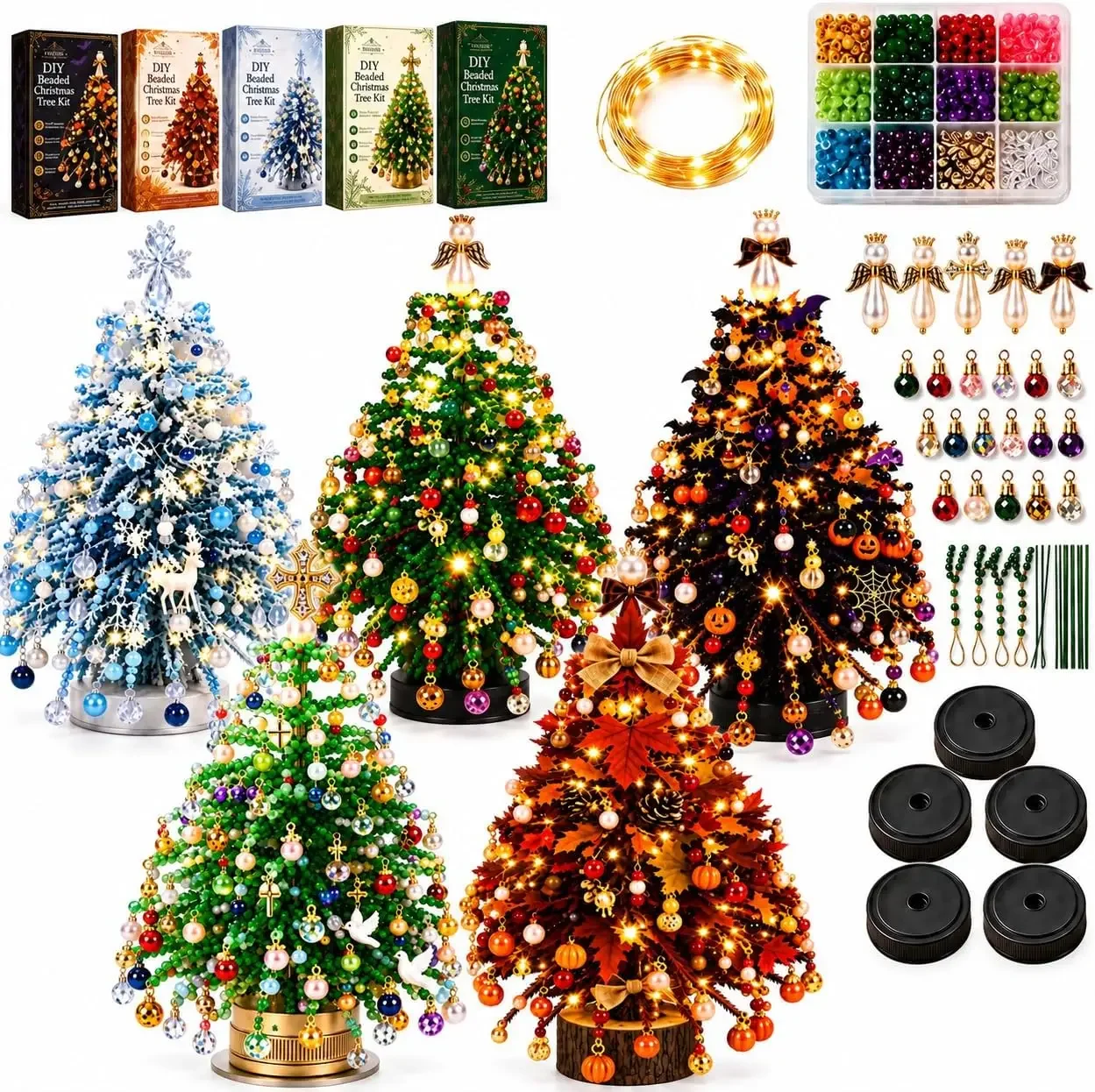 DIY Beaded Christmas Tree Kit with LED Lights 3D Crystal Bead Craft Making Set Handmade Mini Desk Xmas Decoration Holiday Gift