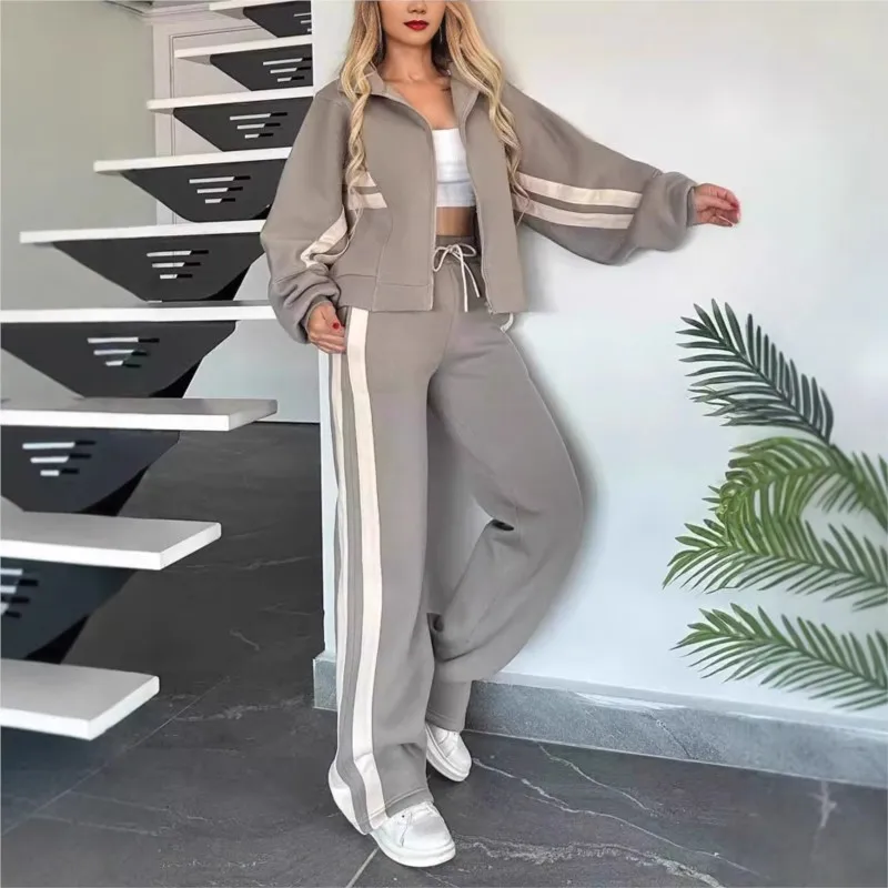 Y2K Two Piece Set Women Fashion Striped Print Lapel Zipper Coat High Waist Pants Outfit Autumn Winter Long Sleeve Suit Tracksuit