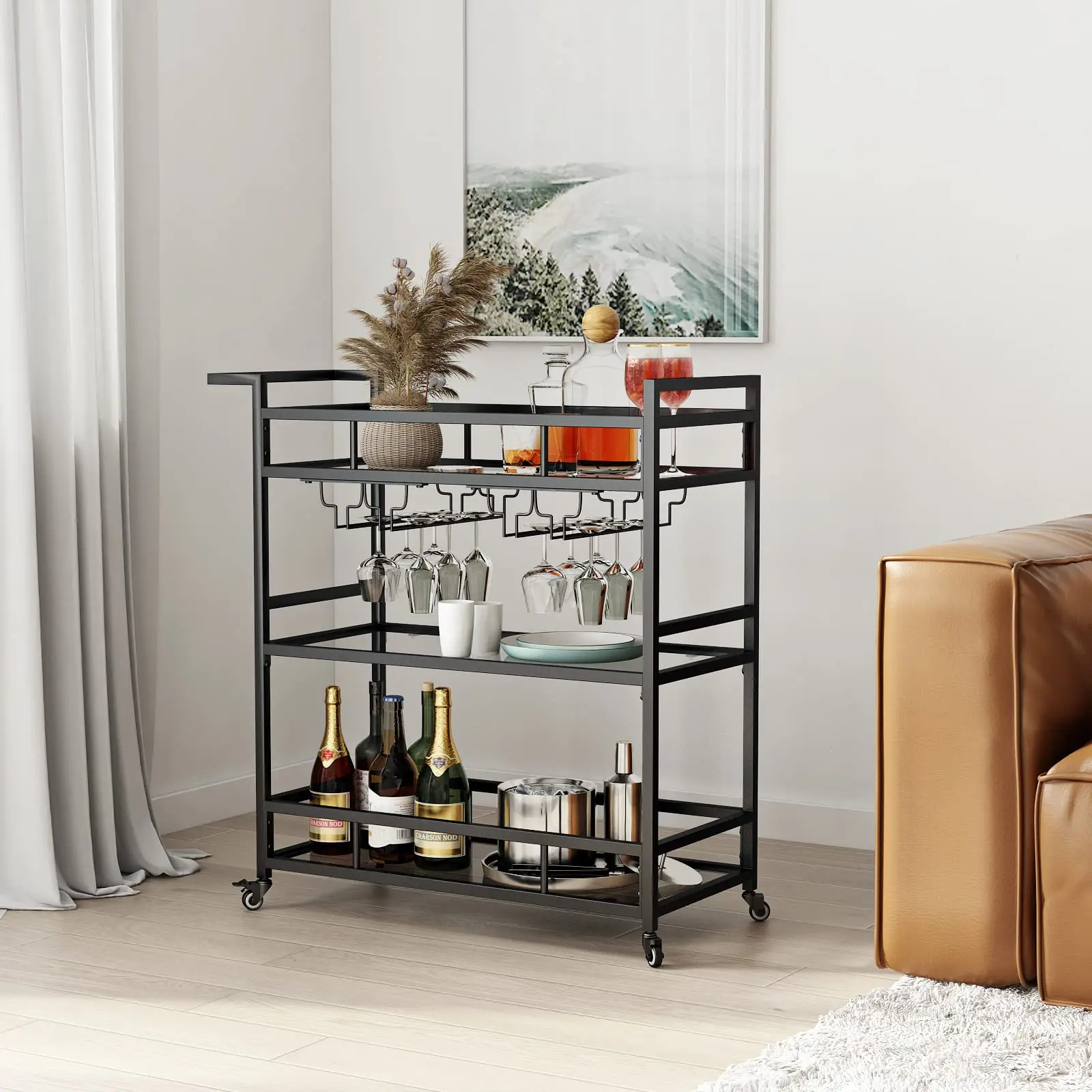 High Quality Hot Sale Home Bar Serving Truck, Wine Truck With 2 Shelves, Wine Holders, Glass Holders, For Kitchen, Dining Room