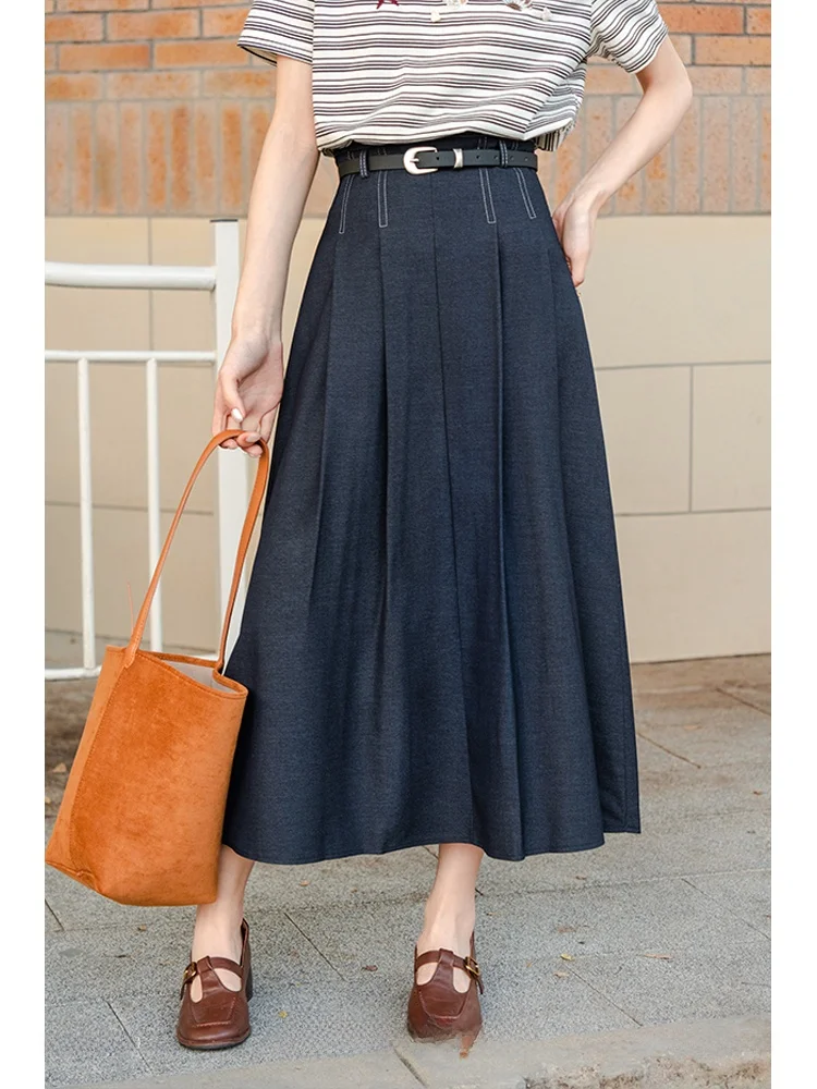 

Retro Sle Faux Denim Long A-Line Skirt High Waist Pleated Dr for Women Spring Autumn Seasonal Faion Commute