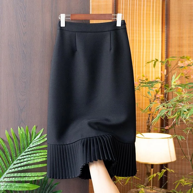 

Ele Mid-Waist A-Line Woolen Fi Tail Pleated Skirt Women's High Waist Slimming Straight Leg High Faion Women's Clothing