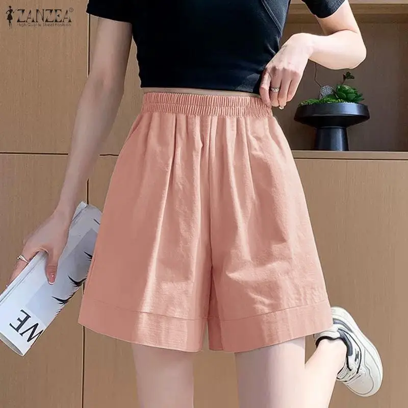 

2026 ZANZEA Летние повседневные шорты с эластичной резинкой на талии, однотонные, женские, винтажные, для отпуска, пляжные, свободные брюки-палаццо, элегантные, для офиса