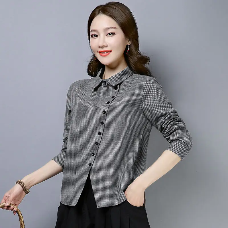 

Fashion Spliced Button Plaid Asymmetrical Shirts Female Clothing 2023 Autumn New Loose All-match Tops Office Lady Blouses