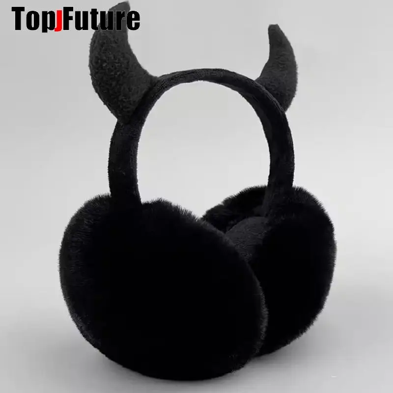 Earmuff ajustável com chifres para mulheres, aquecedor de orelhas, dobrável, gótico, presentes de Natal, meninas, inverno