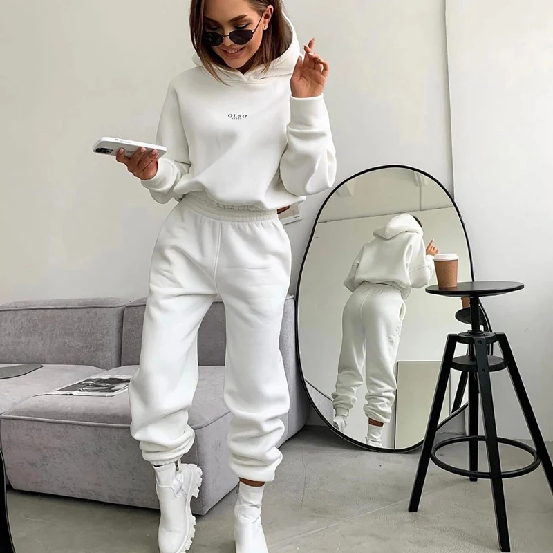 Women\'s Tracksuit Casual Letter Print Hoodies Suits Autumn Winter Warm Hooded Sweatshirts And Long Pants Fleece Two Piece Sets