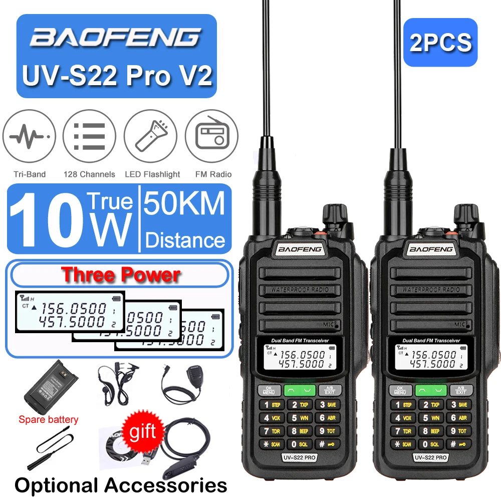 2pcs Baofeng Hunting Walkie TalkieUV-S22 Pro V2 Power Waterproof Tactical Intercom  Type-C Powered UHF VHF Programming Cable FM