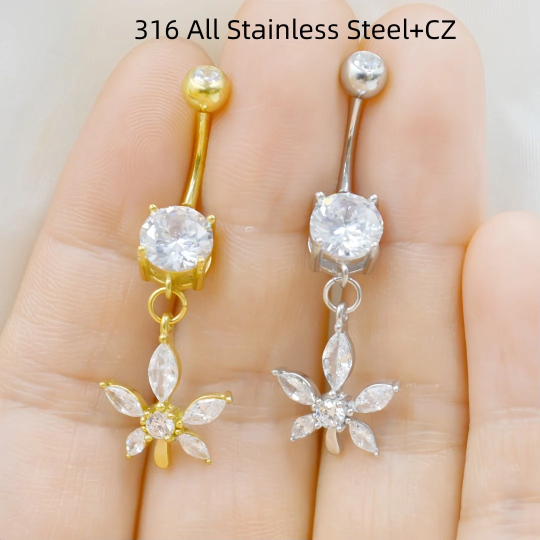 316 All Stainless Steel CZ 14G Navel Belly Ring Button Barbells Body Piercing Jewelry New