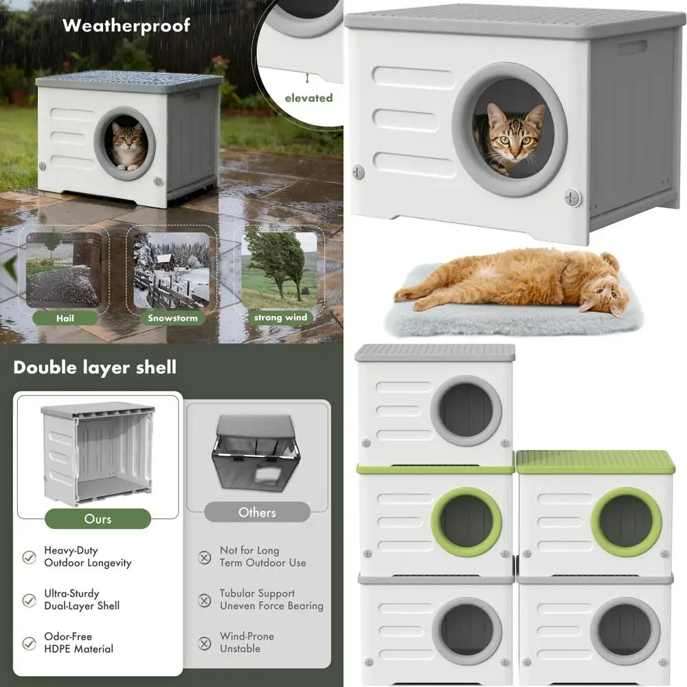 

Durable Weatherproof Outdoor Cat Shelter, Stackable Insulated Plastic House with Cushion for Feral Cats (Grey)