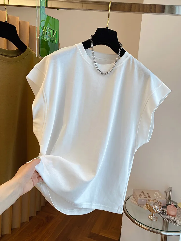 Summer Pure Color Round Neck Sleeveless T-shirt Women Loose Casual Versatile Top Vest Trendy Korean Style Short Sleeved T-shirt