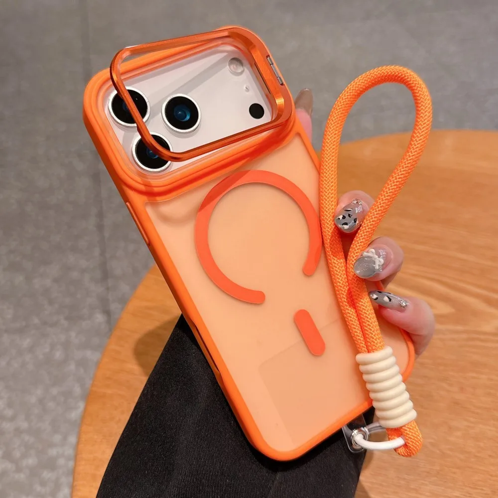 เคสใส่เลนส์แบบด้านพร้อมสายคล้องข้อมือ สำหรับ iPhone 17 Air 16 15 14 Plus 13 12 11 Pro Max Mini รองรับ Magsafe สายคล้องแม่เหล็กแบบแข็ง