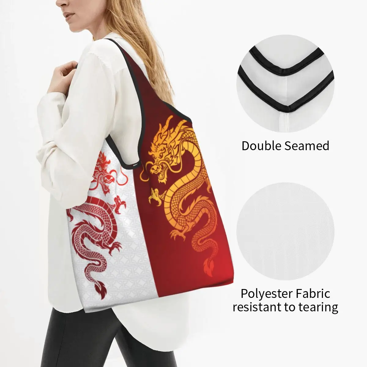 Asian Tradition Dragon Totem Grocery Tote Shopping Bag Women Funny Chinese Mythology Shoulder Shopper Bag Big Capacity Handbags