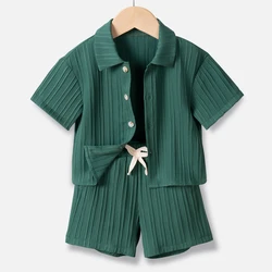 Summer Boys Clothes,Solid Color Lapel Short Sleeved Shirt Top+comfortable Shorts, Showcasing Children's Fashionable Style