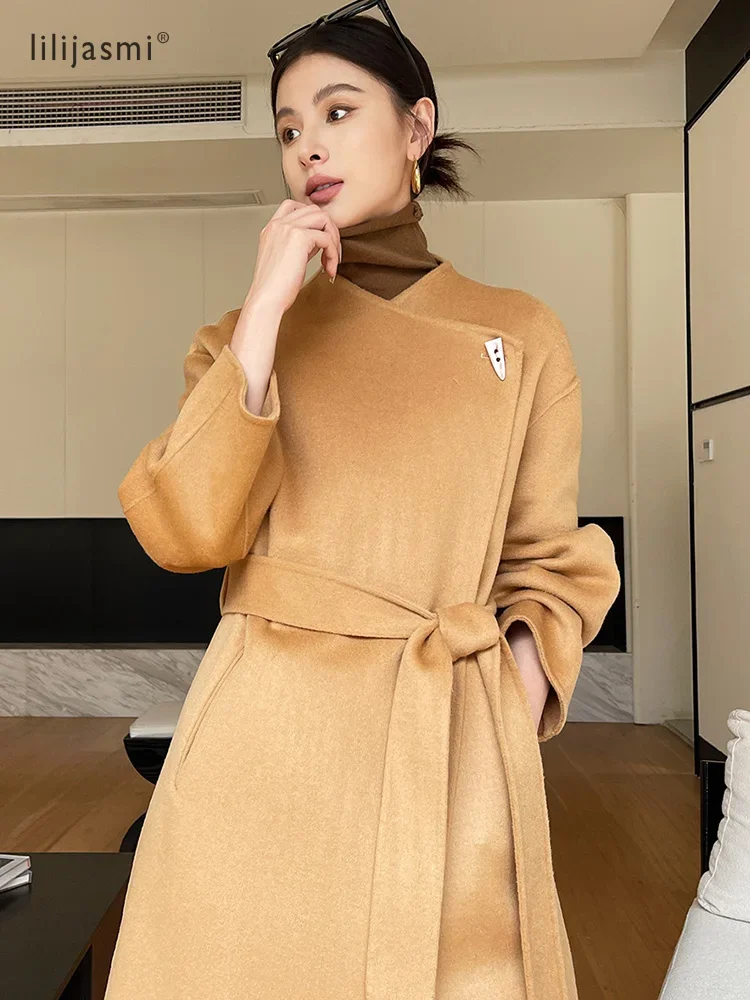 Dual Purpose Collar Wool Coat Horn Button Women 100% Wool Overcoat Double-Layers Autumn Winter Long Jacket Thick Trench Coat #23