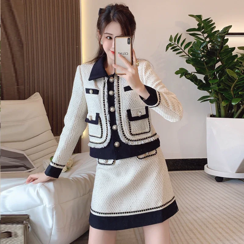 

Tweed Set Women's 2022 Autumn Socialite Stylish Short Jacket Slimming A-line Skirt Two-piece Set Female Office Lady Clothing