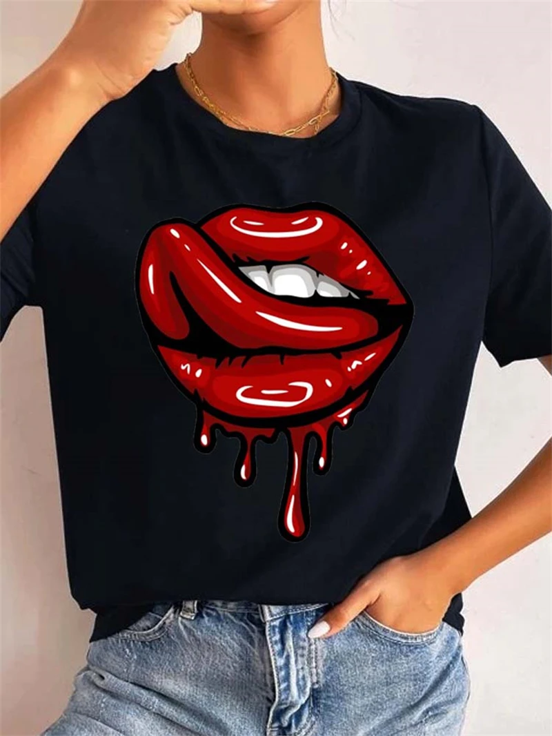 

Sexy Leopard Lips Printed Women T Shirt Black Tees Kiss Lip Funny Summer Female Soft T Shirt Lips Fashion Graphic Tshirt