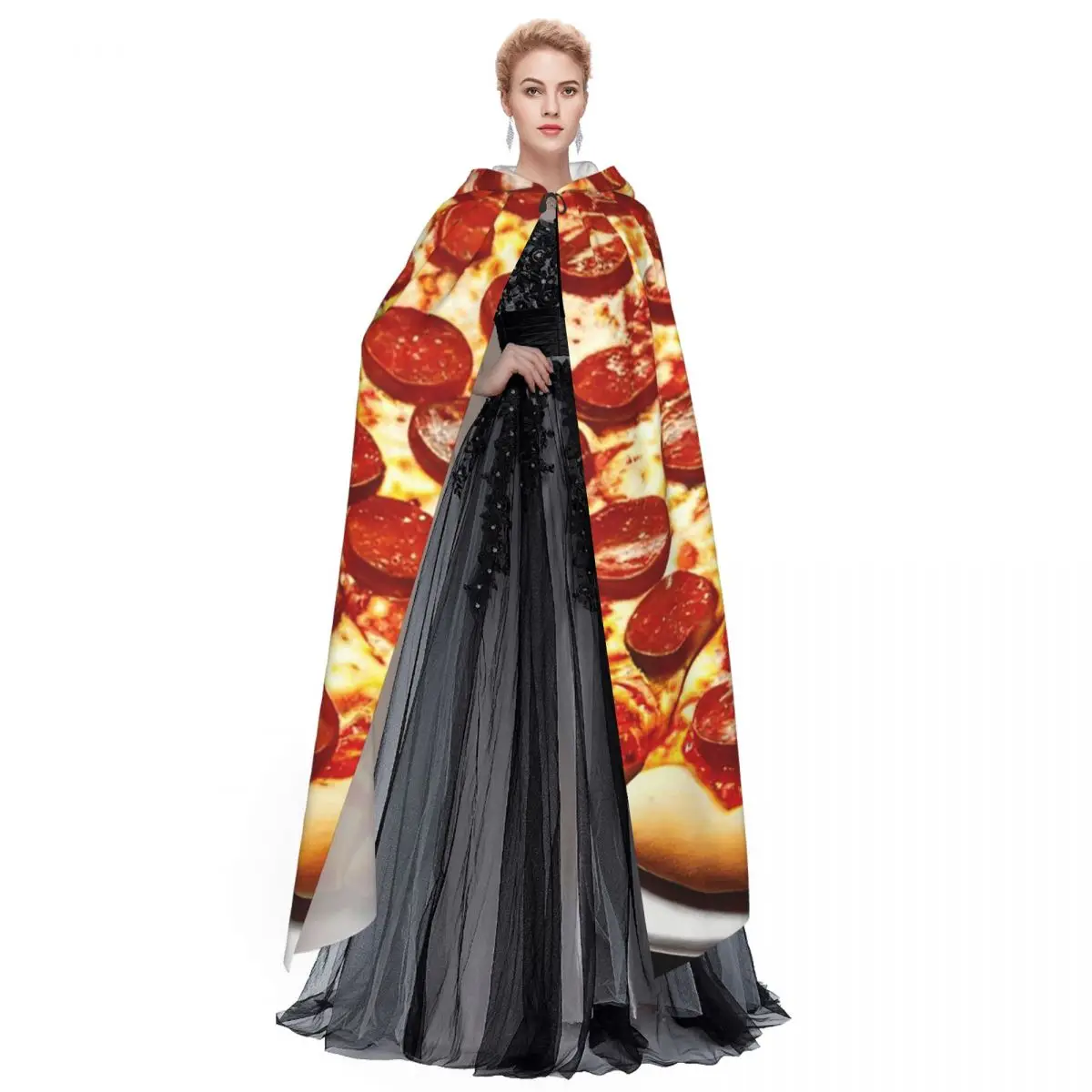 بيبروني بيتزا عباءة طويلة مقنعين الساحرة القرون الوسطى زي تأثيري كيب هالوين مصاص دماء الكبار للجنسين #2