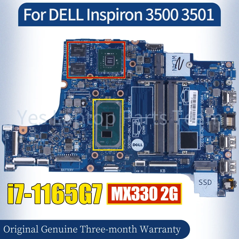 LA-K033P For DELL Inspiron 3500 3501 Laptop Mainboard  i7-1165G7 MX330 2G 0NX5H3 100％ Tested Notebook Motherboard