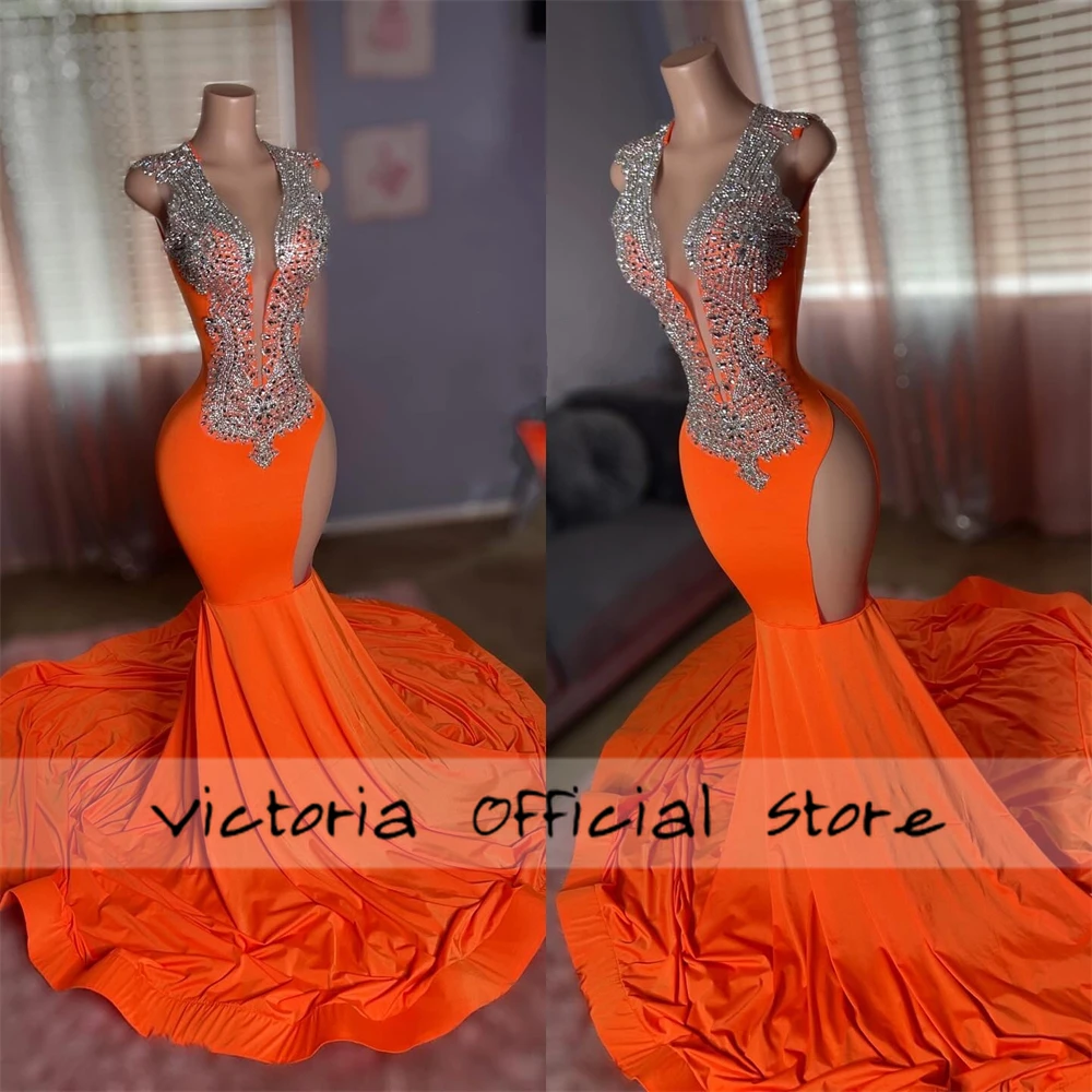 Silver Crystal Beaded Fluorescent Orange Long Prom Dress Black Girl African Mermiad Luxury Birthday Party Dress Customized