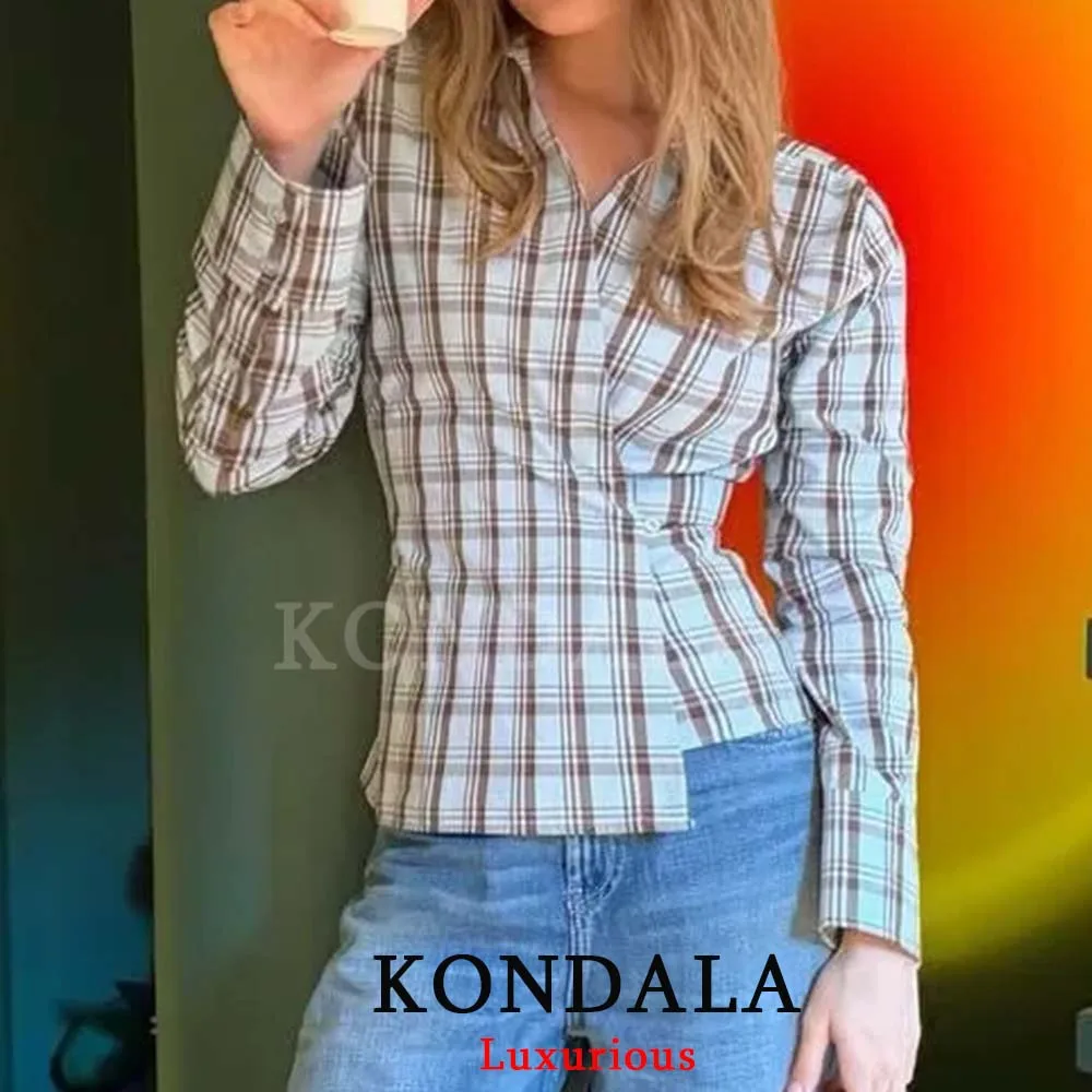 

KONDALA Vintage Casual Chic Women Blouse Plaid V-Neck Long Sleeve Single Breasted Waist Cinching Shirt Fashion 2026 Spring Shirt