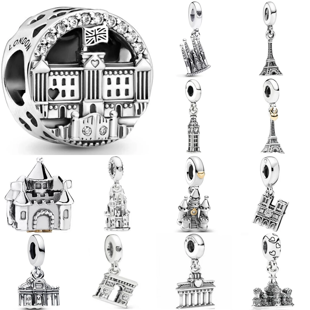 New 925 Sterling Silver Landmark Building Series Iron Tower Castle Charm Pendant  Original DIY Fashion Jewelry For Women Gift