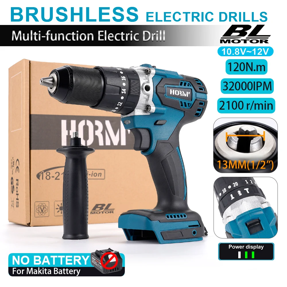 Brushless Electric Impact Drill 3 in 1 Electric Screwdriver with Handle Hammer Power Driver For Makita 18V Battery (No Battery)