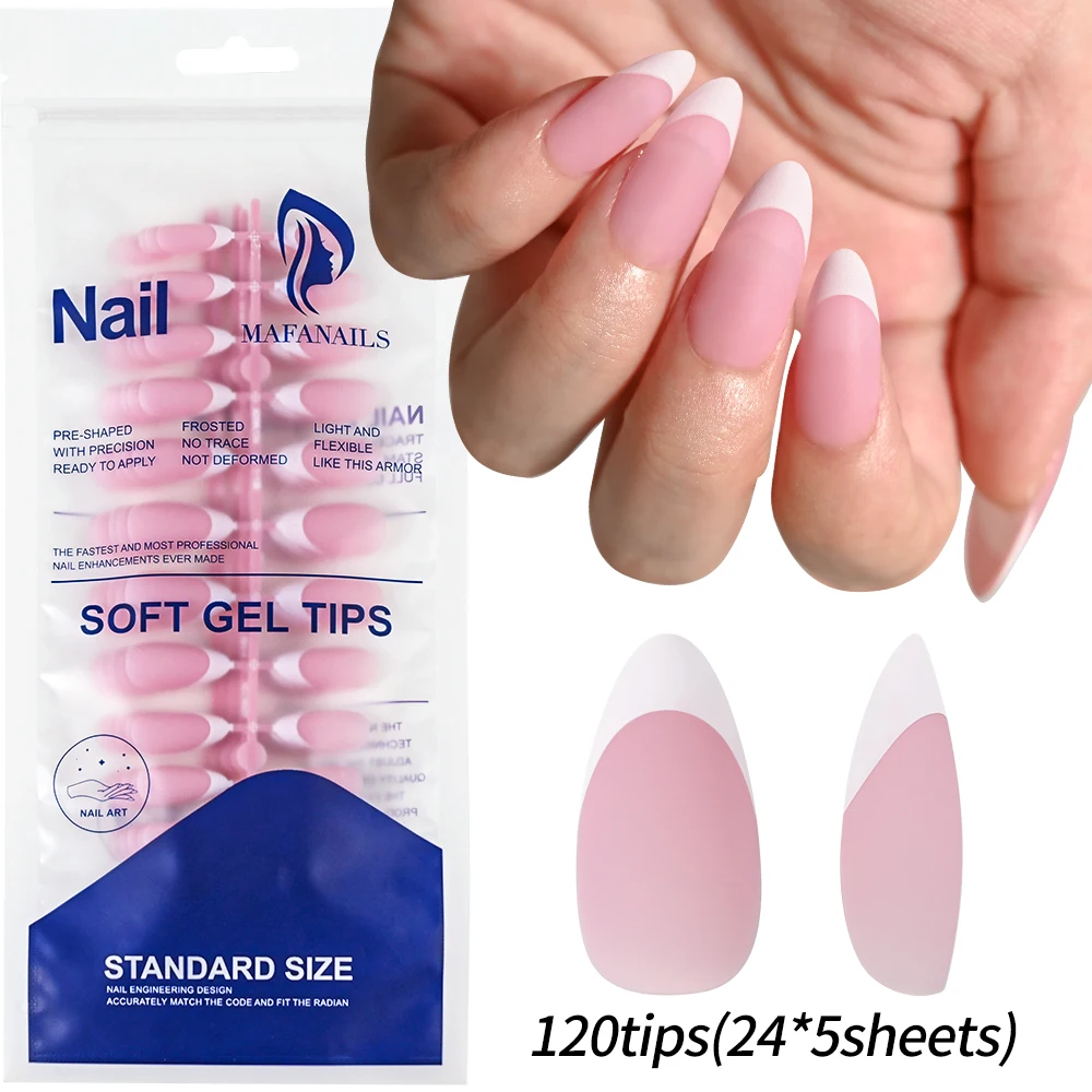 100/120/150pcs White French Matte Pink Press on Nails Medium Long Almond Fake Nails Pre-Colored Gel False Nail Extensions Tips