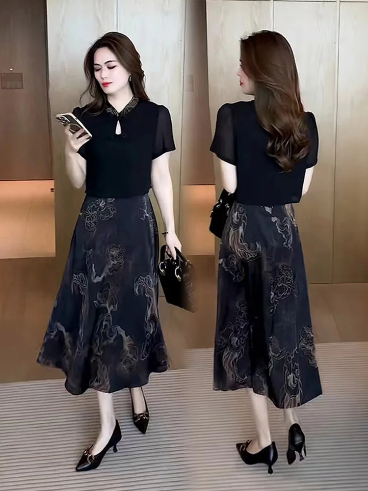 

Short Sleeve Dress Summer Fashion New Chinese Style Women's Fake Two-Piece Dress