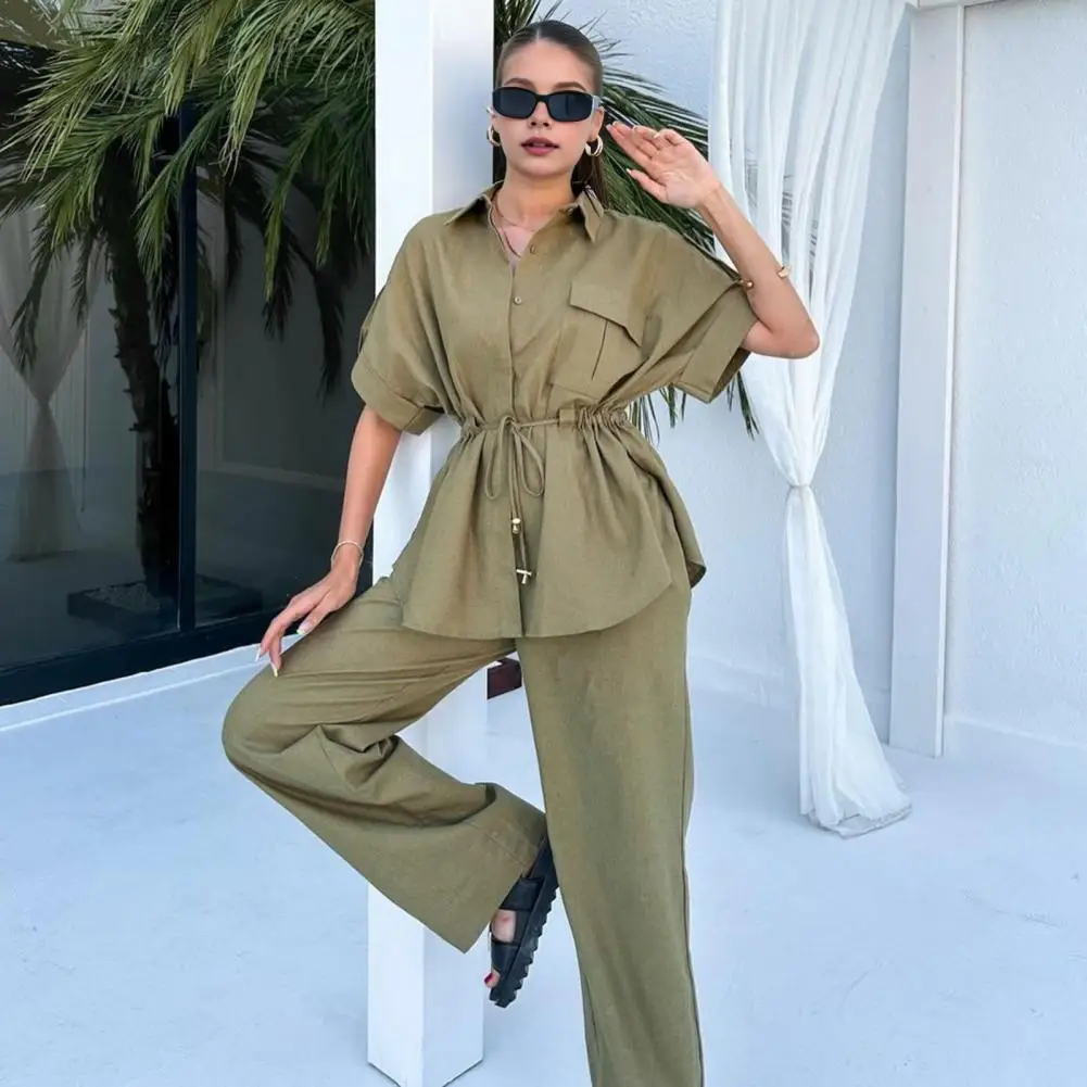 

Casual Coat Pant Set Women Loose Zipper V-neck Lace Up Pleat Top Wide Leg Trousers Suit 2025 Summer Lady 2 Pieces Outfits New