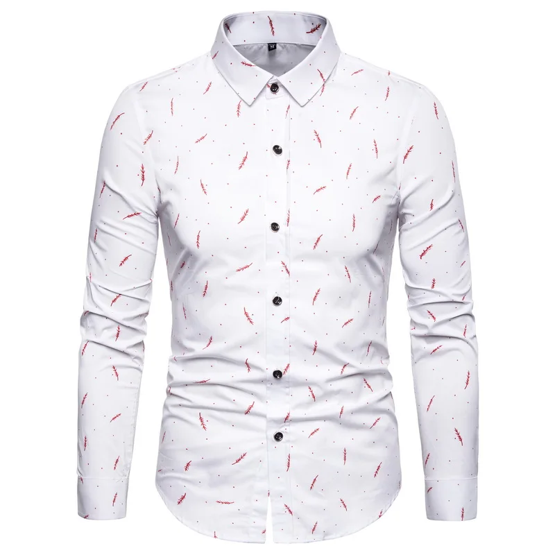 Men\'s Feather Printed Long Sleeved Shirt Cotton Casual Fashion Quality Men\'s Top Size M-5XL 886