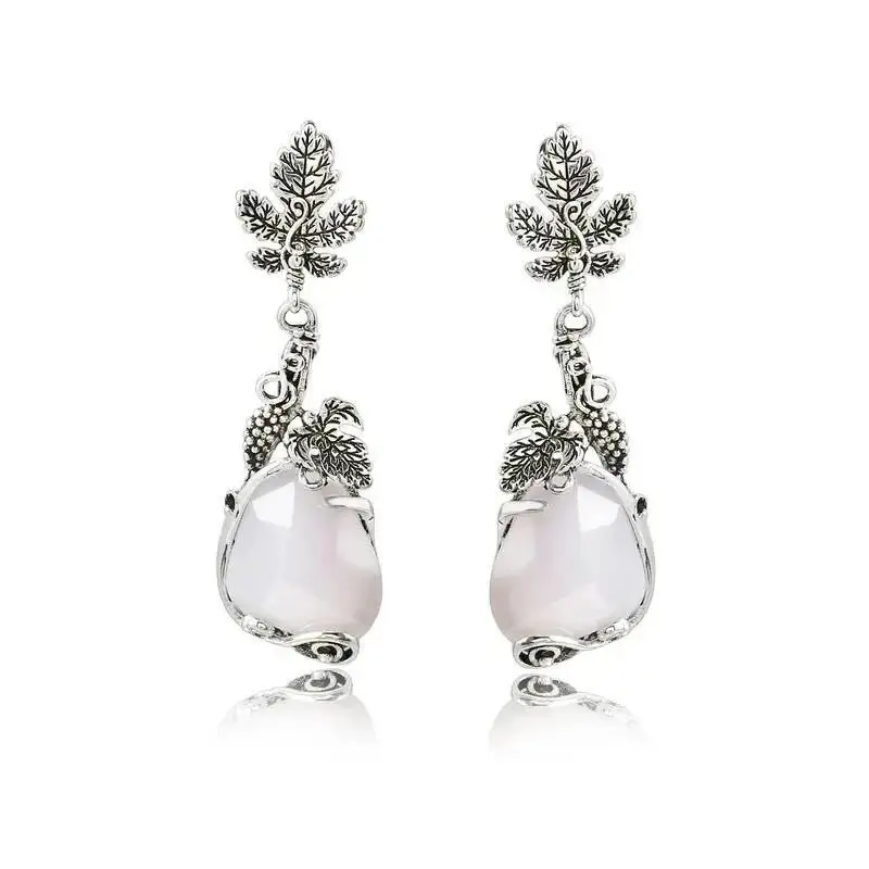 Vintage Water Droplets White Stone Earrings Silver Color Metal Carved Leaves Maple Leaf Dangle Earrings For Women
