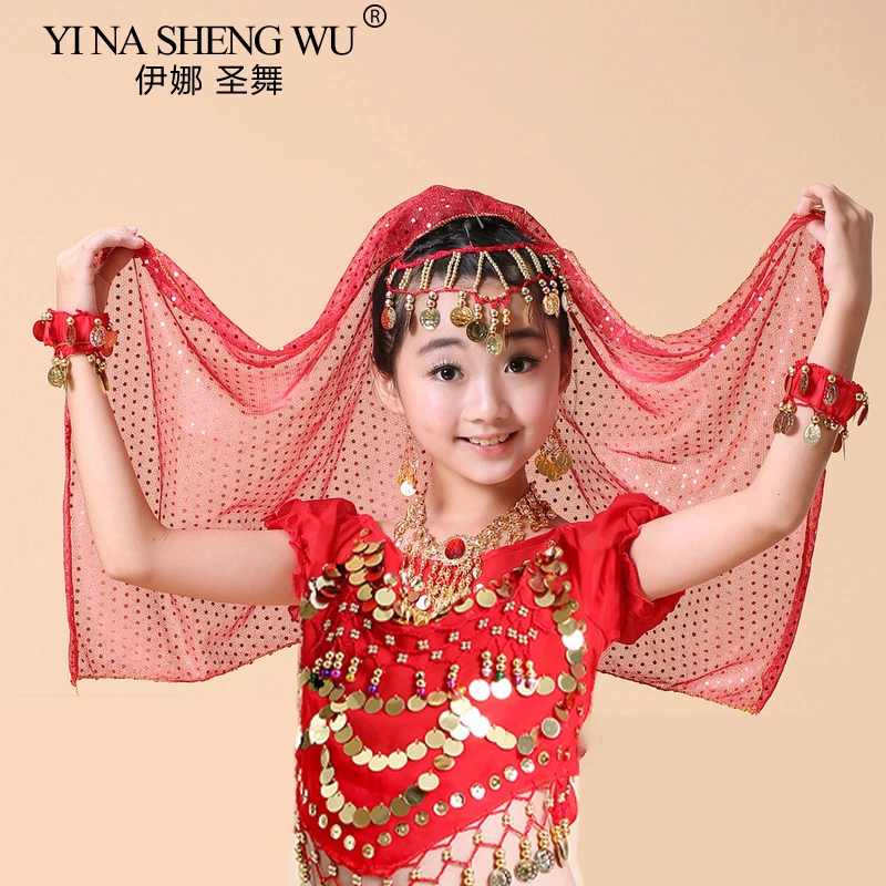 

Детский головной убор для танца живота, вуаль для индийского танца для девочек, детский костюм для танца живота, аксессуары, цепочка на голову и вуаль, 2 шт.