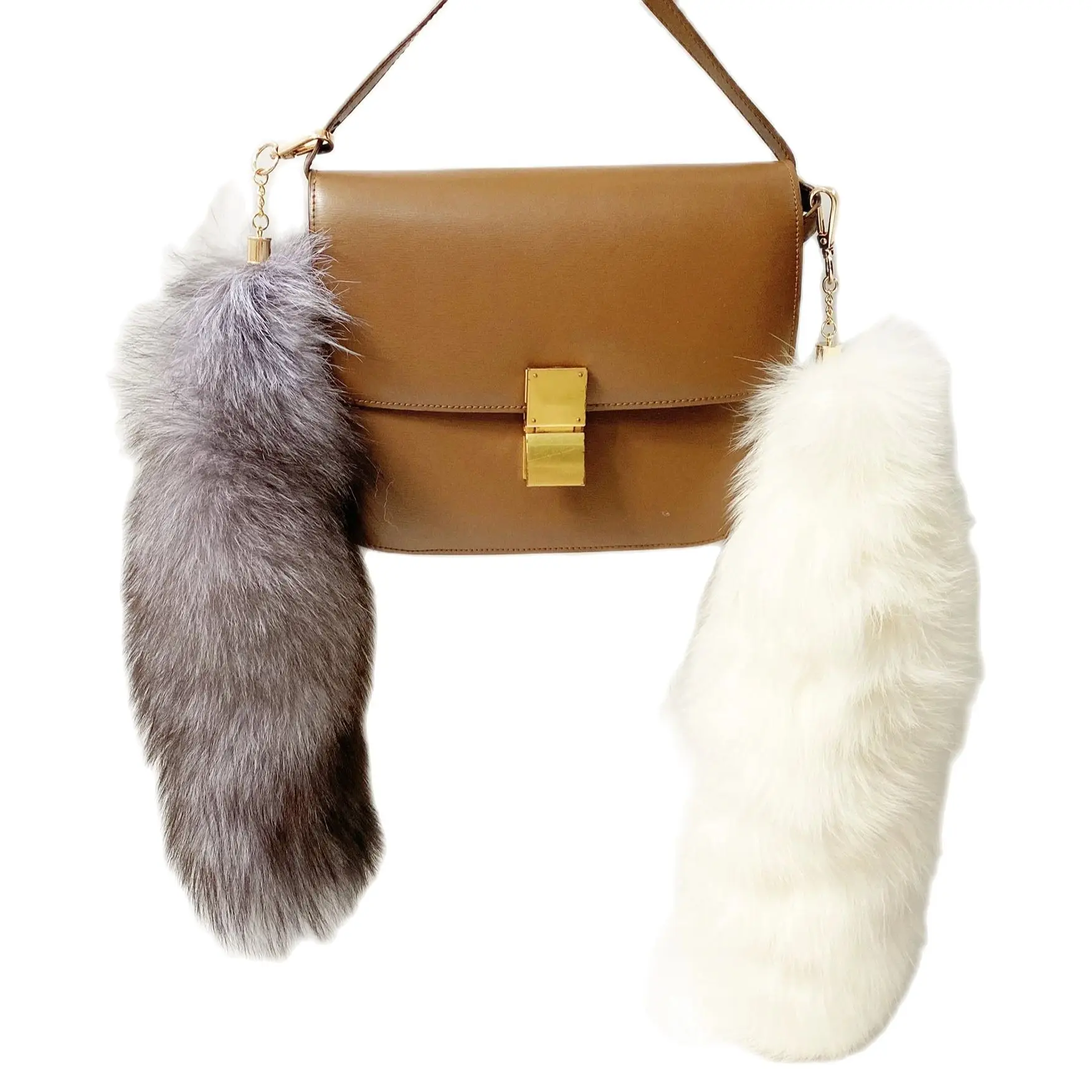 Couple Gift Keychain Fox Tail  Real Fur Tail Handbag Charm Key Chain Pet Toy Pendant Grey Large