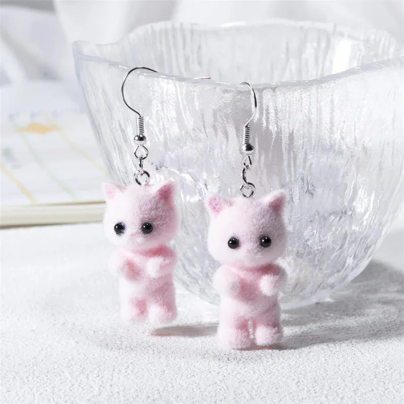 Cute Plush Flocked 3D Cat Earrings Cartoon Animal Bunny Earrings Holiday Party Gift For Your Friend