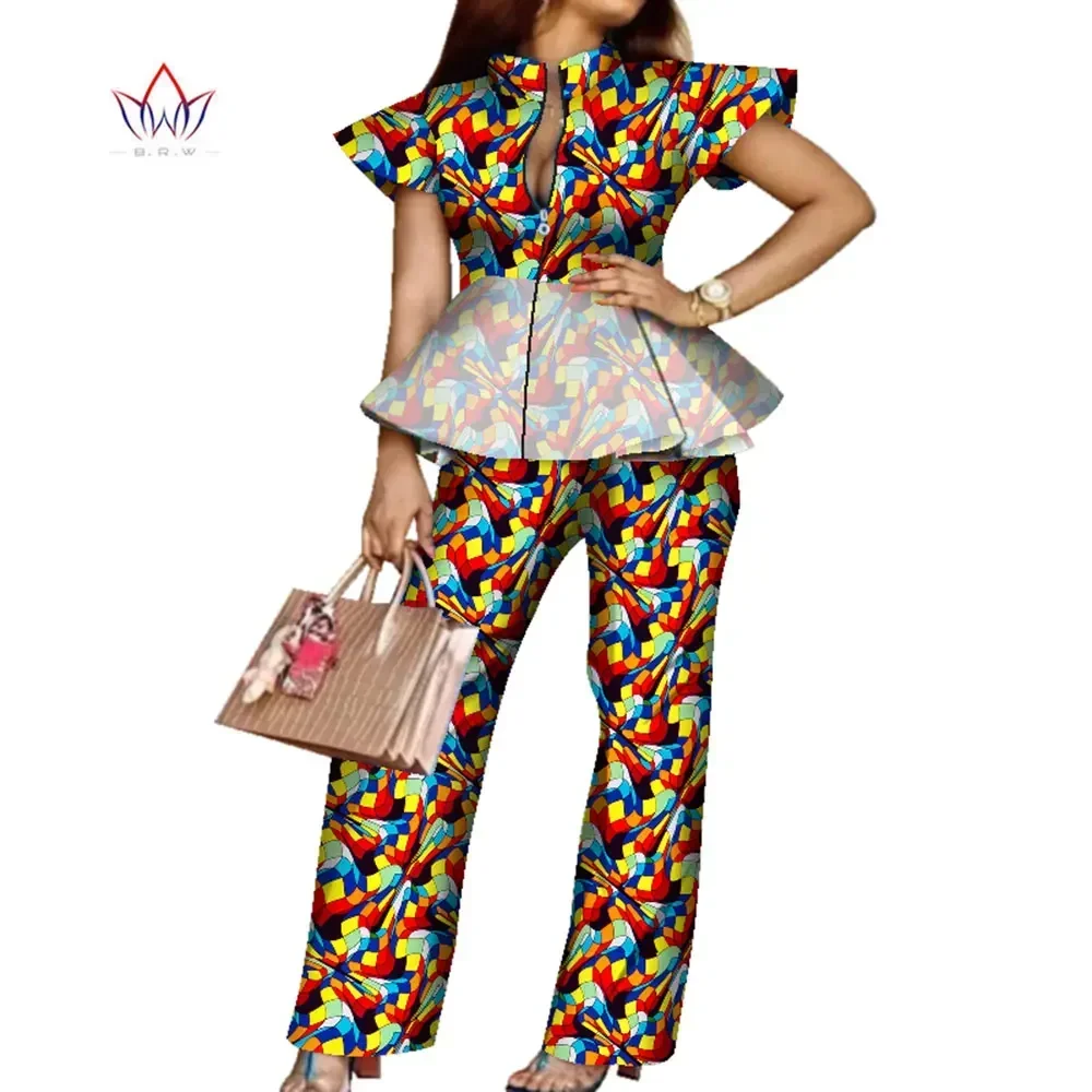 BRW Cotton Africa Style Sets Suits for Women 2 Piece Zipper Tops and Pants Dashiki African Women Clothing Party Clothes WY7591