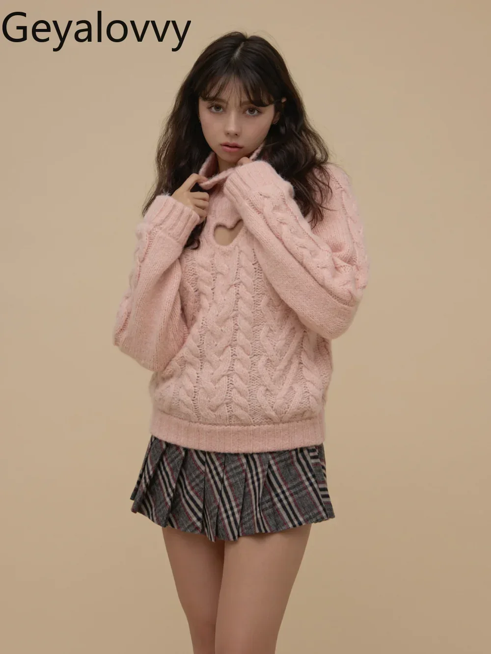 

Japanese Style Sweet High Neck Solid Color Sweater Autumn Winter New Heart Hollow Out Niche Loose Slimming Knitted Pullover