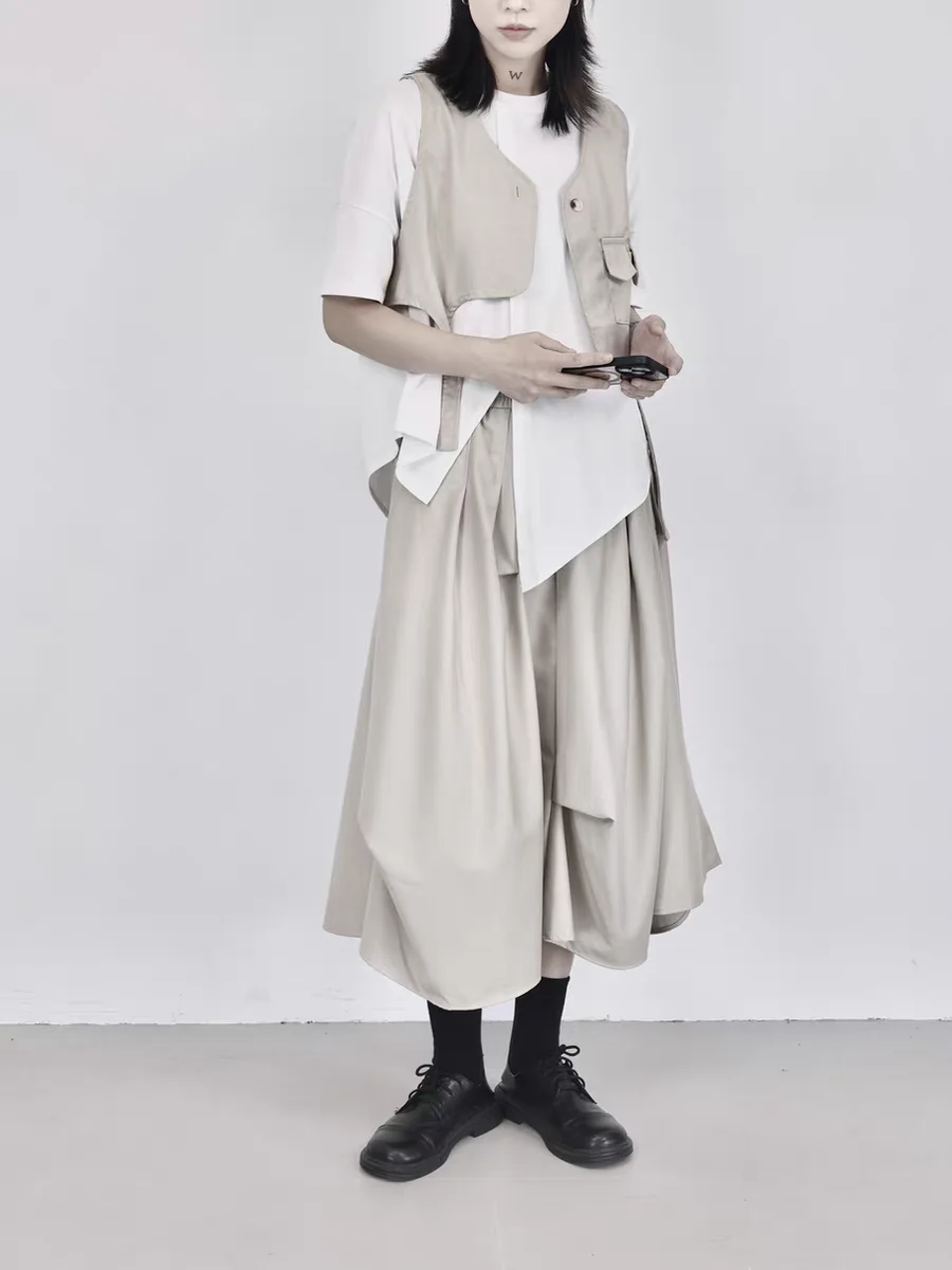 

Женская асимметричная юбка с темным складчатым подолом, плиссированная, с эффектом похудения, с завышенной талией, А-силуэт, юбка-солнце, повседневная, из полиэфирного волокна