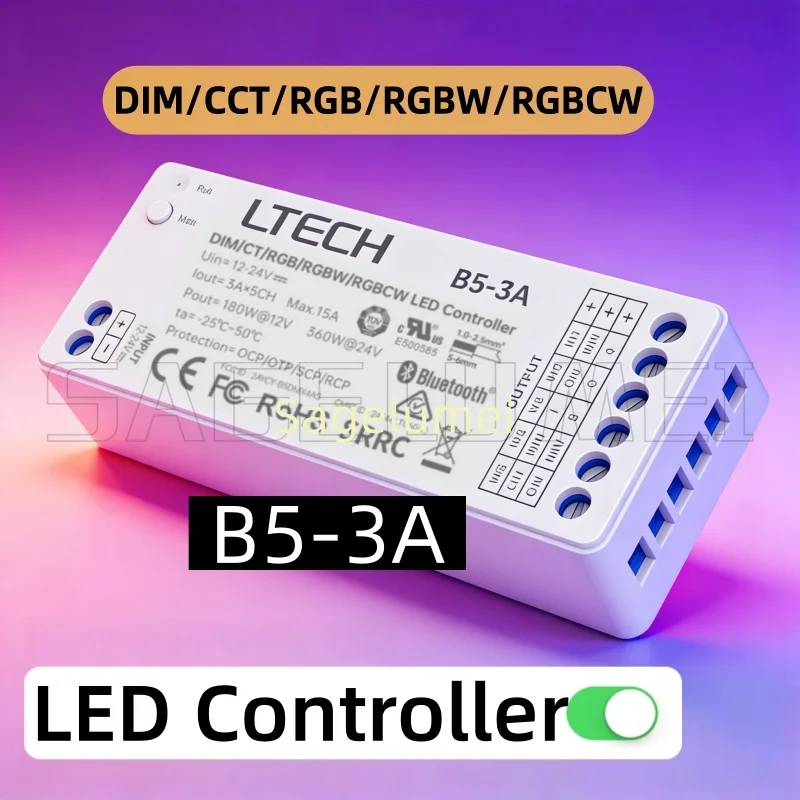 

B5-3A LTECH 5.2 DIM/CCT/RGB/RGBW/RGBCW LED Controller Bluetooth SIG Mesh DC12V-DC24V 5Channel 3A*5CH Max.15A constant voltage