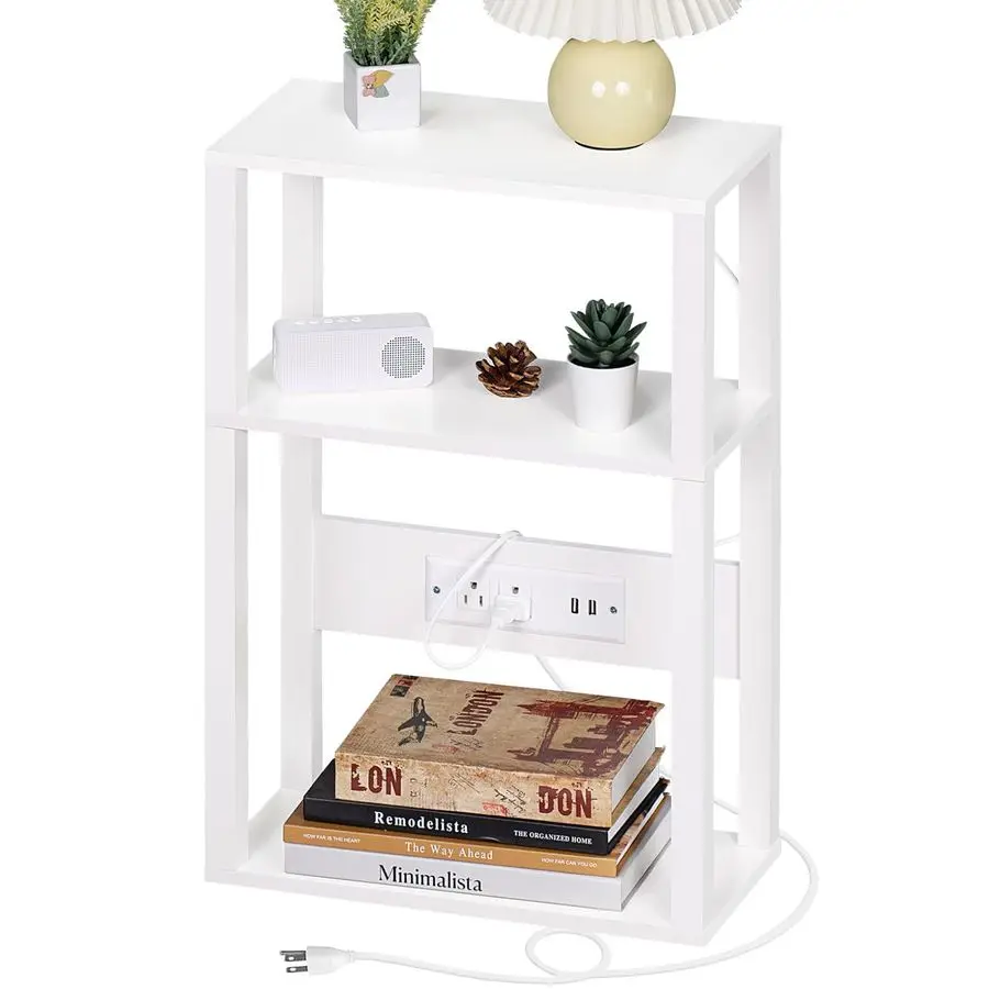 

Small Narrow Wood Side Table with Charging Station, Skinny Nightstand for Small Space, Slim Bedside Table with Storage for Couc