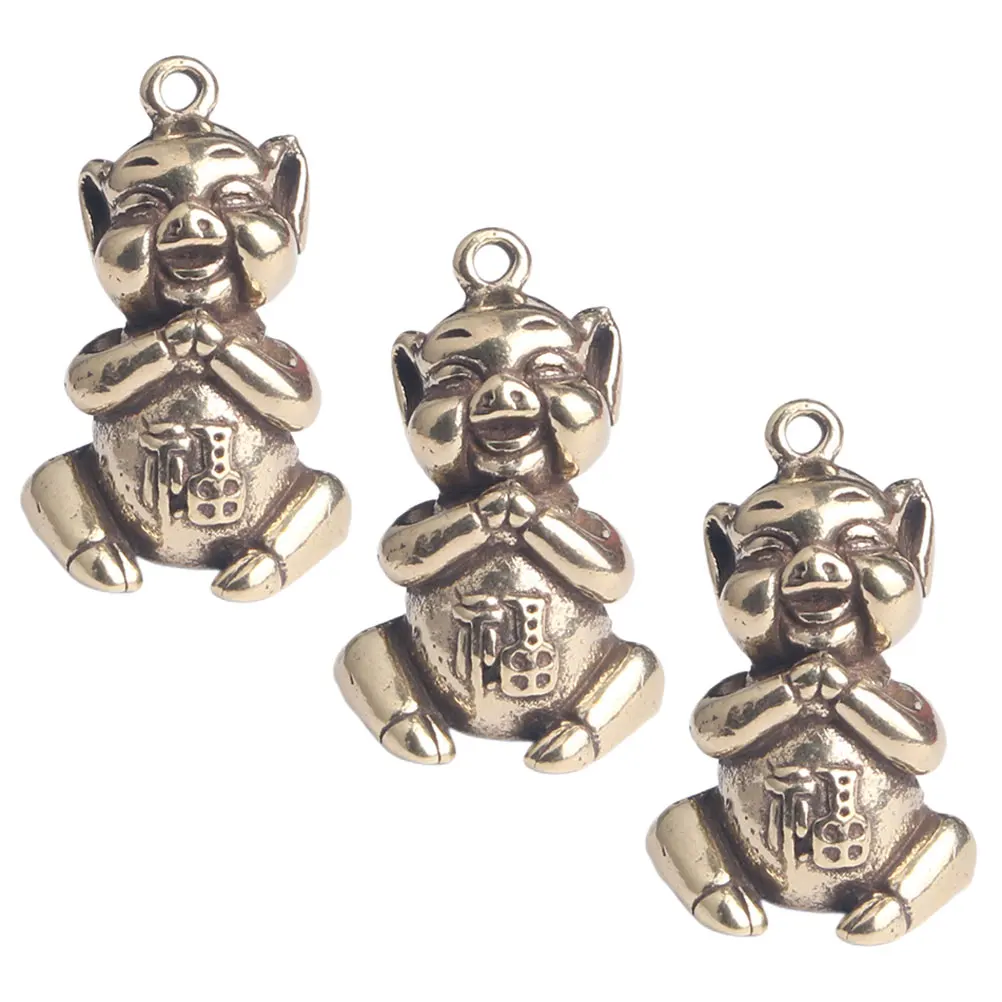 

3pcs Brass Pig Charm Keychain Pendant DIY Desktop Figurine Hanging Decor Vintage Figurine Home Accessory