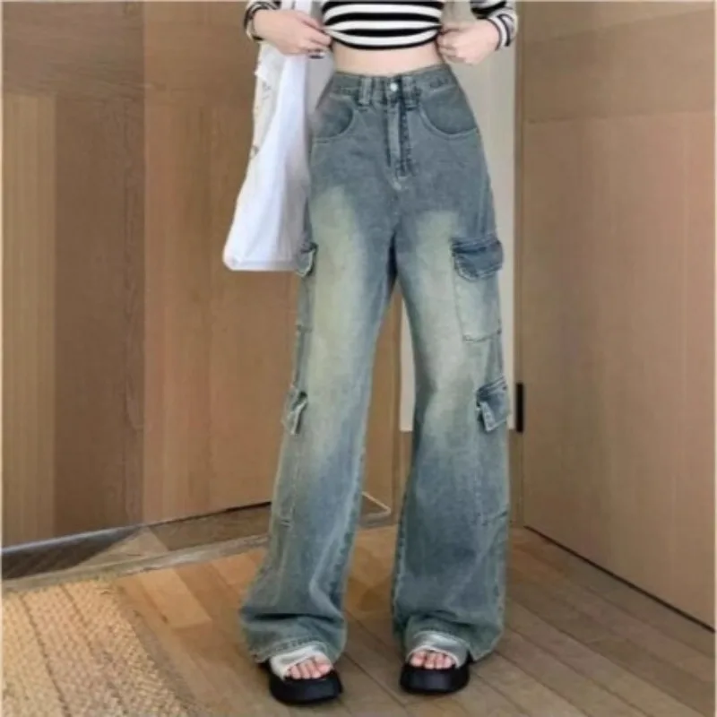 

Vintage High Street Overalls Women's Multi-pocket Wasteland Wind Large Size Lazy Loose Mopping Jeans