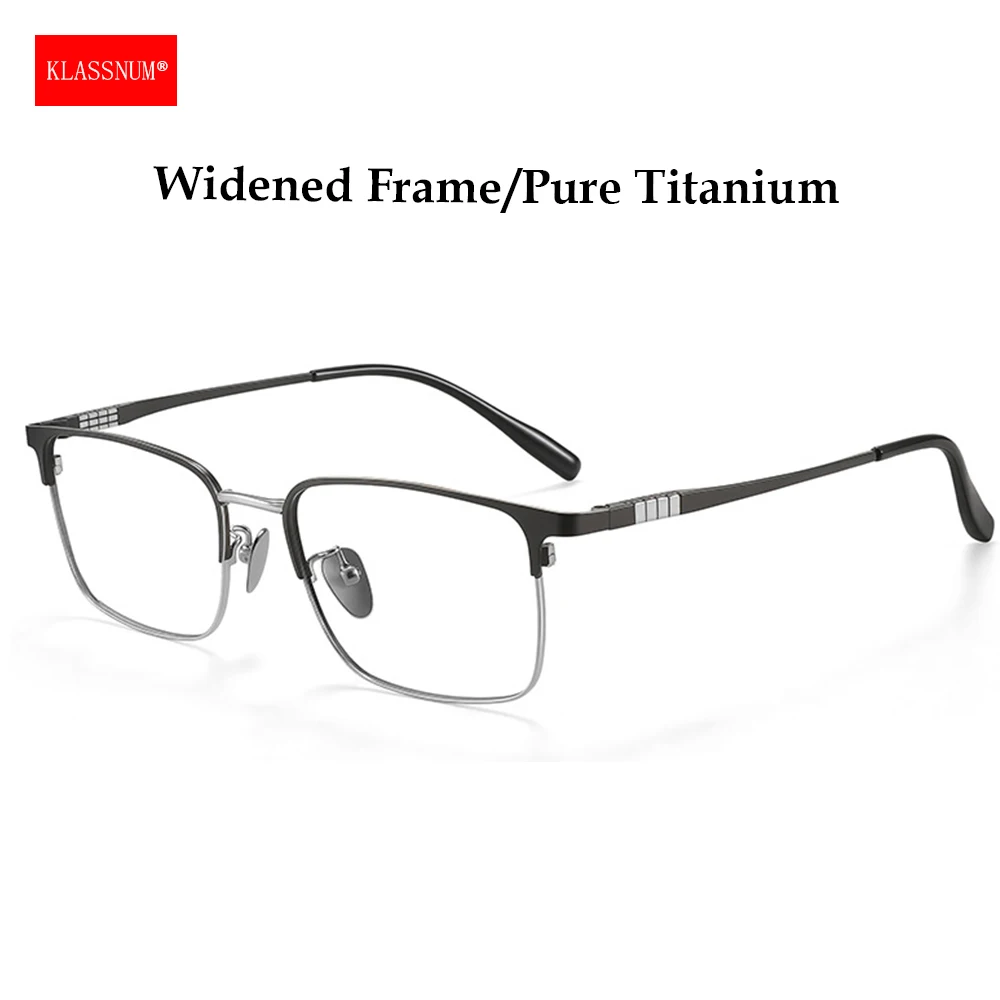 KLASSNUM Men Pure Titanium Eyeglasses Frames Half Rim Extra Wide Design Classic Rectangle Transparent Eyepiece Luxury Brand Lens