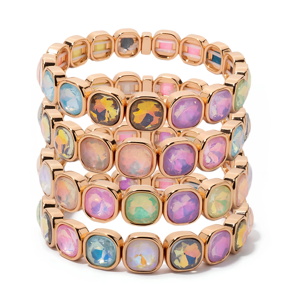 

2025 Summer 10mm Crystal Bangle For Women Gold Color Square Rhinestone Elastic Bracelets