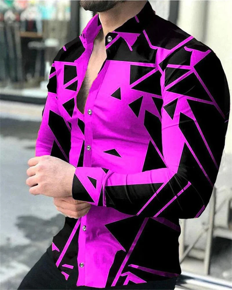 Men's Party Gathering Casual Tops Luxury Social Lapel Button Black and Red Color Matching Casual Plaid Print Purple Long Sleeve